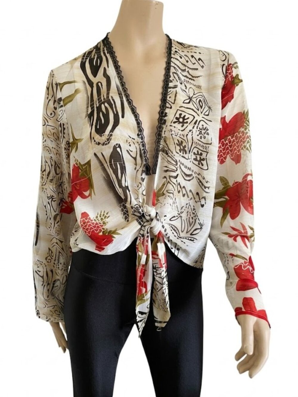 Bantry Bay by Tina Camato VTG Boho Metallic Gold Abstract Tie Front Blouse 2X
